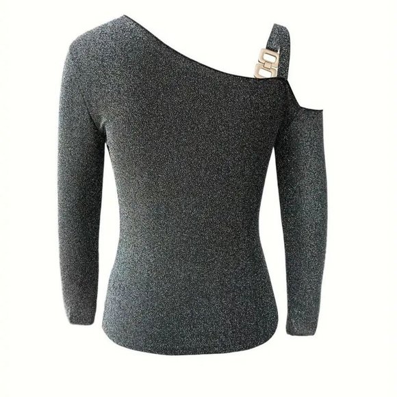 One Shoulder Chain Buckle Sparkly Glitter Top Shirt black silver M - Picture 7 of 9